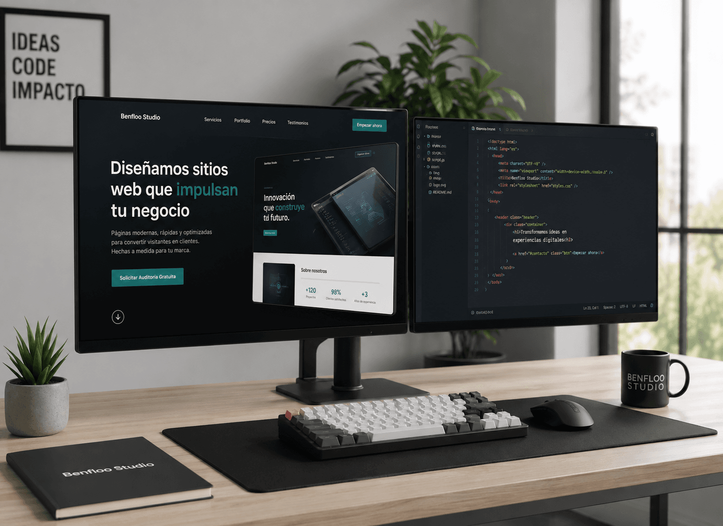 Escritorio de Benfloo Studio con doble monitor mostrando el diseño de un sitio web profesional